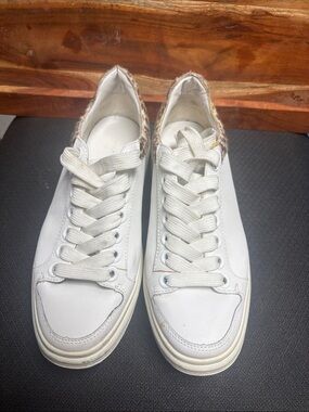 Zara White Low-Top Sneakers with Leopard Heel Accent